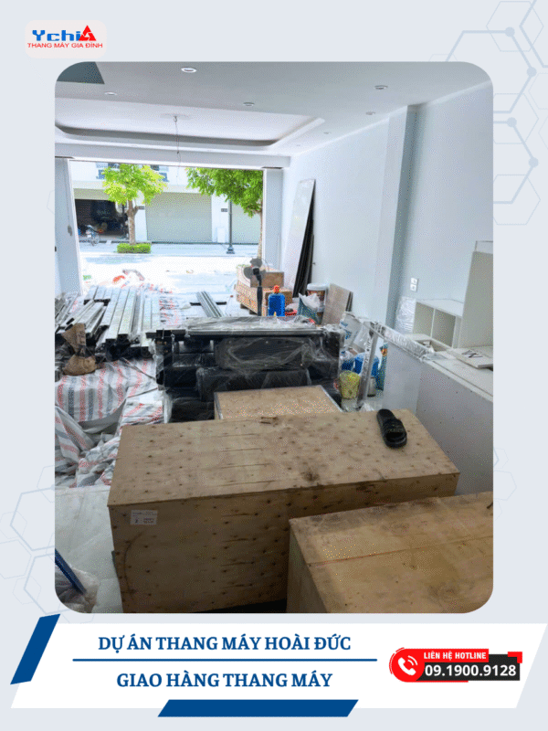 Các kiện gỗ lớn chứa thiết bị cốt lõi của thang máy gia đình Ychilift được bảo quản an toàn, chờ ngày lắp đặt.